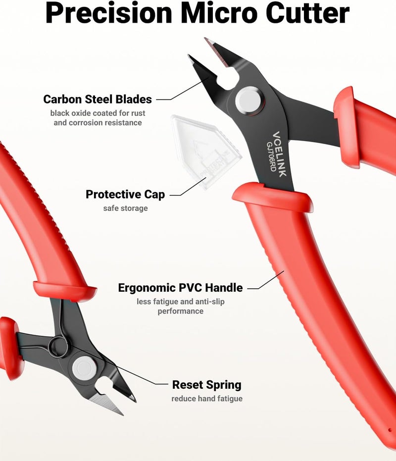 VCELINK Micro Precision Wire Cutter Spring Loaded, 5-Inch Flush Cutter Pliers, Nippers, Small Side Cutter for Electronics, Zip Ties, Craft and Jewelry, Red - Image 2